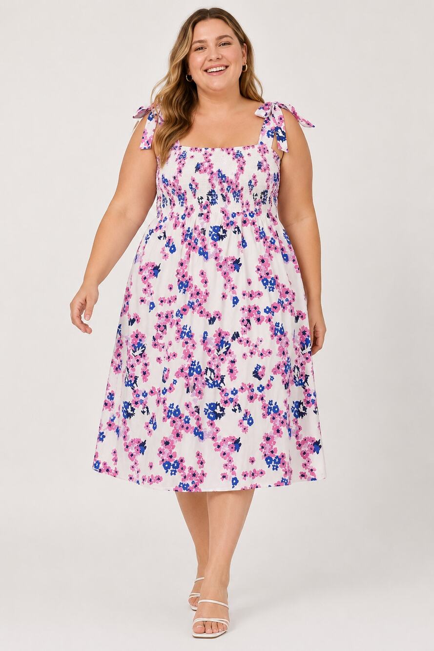 On 34th Floral Print Tie Shoulder Cotton Midi Dress Womens Plus Size 3X New Pink